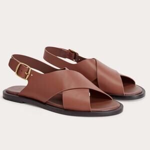 Everlane City Crossover Sandal Rum Brown Leather Flat Buckle Strap Size 8 New